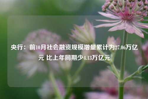 央行：前10月社会融资规模增量累计为27.06万亿元 比上年同期少4.13万亿元